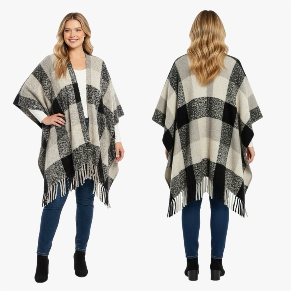 Woolrich Cozy Fringe Black and Gray Plaid Poncho Blanket Wrap